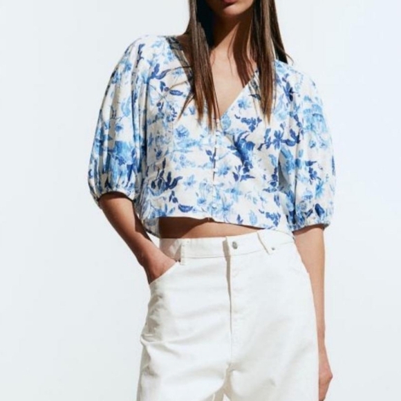H&M linen blend puffy sleeves feminine cottage core Blue Women's Top XXL - Picture 1 of 9